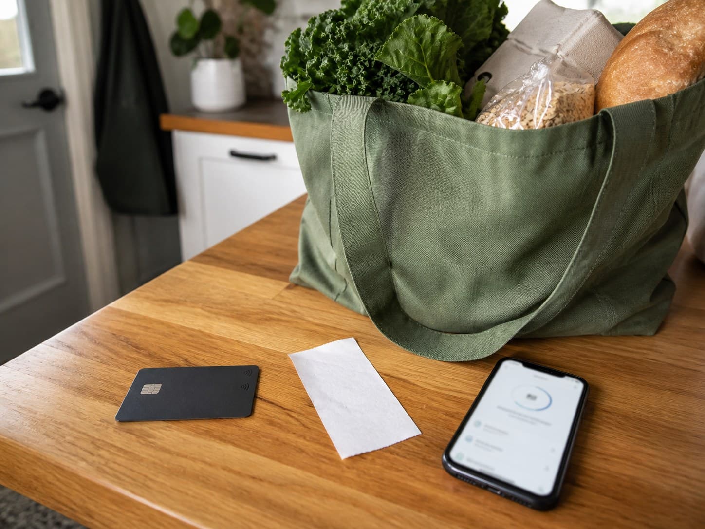 A reusable grocery bag, blank debit card, face-down receipt, and blurred phone balance screen on a kitchen counter.