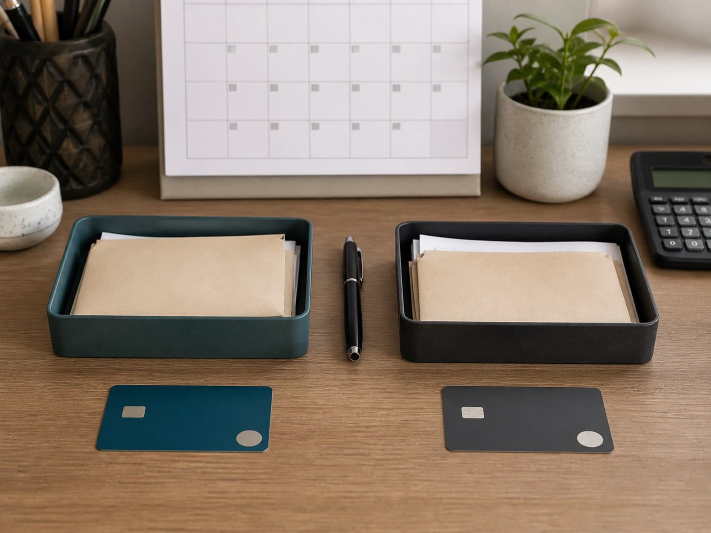 A home desk with two trays, two blank cards, a calculator, and a blurred calendar.