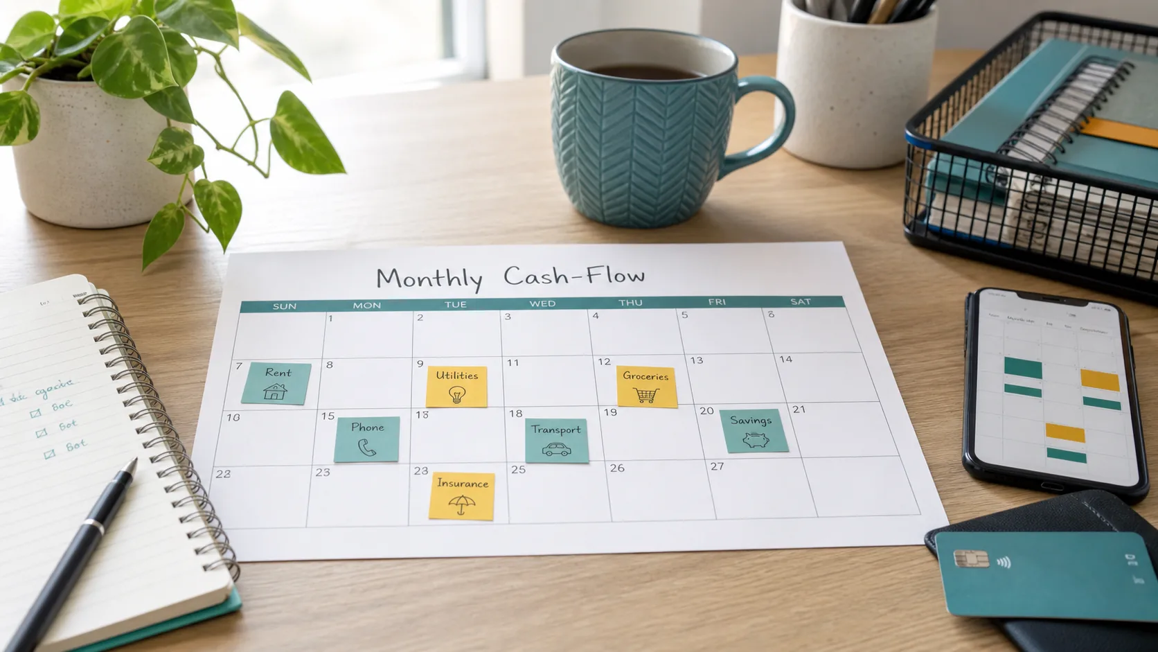 A monthly cash-flow calendar on a desk
