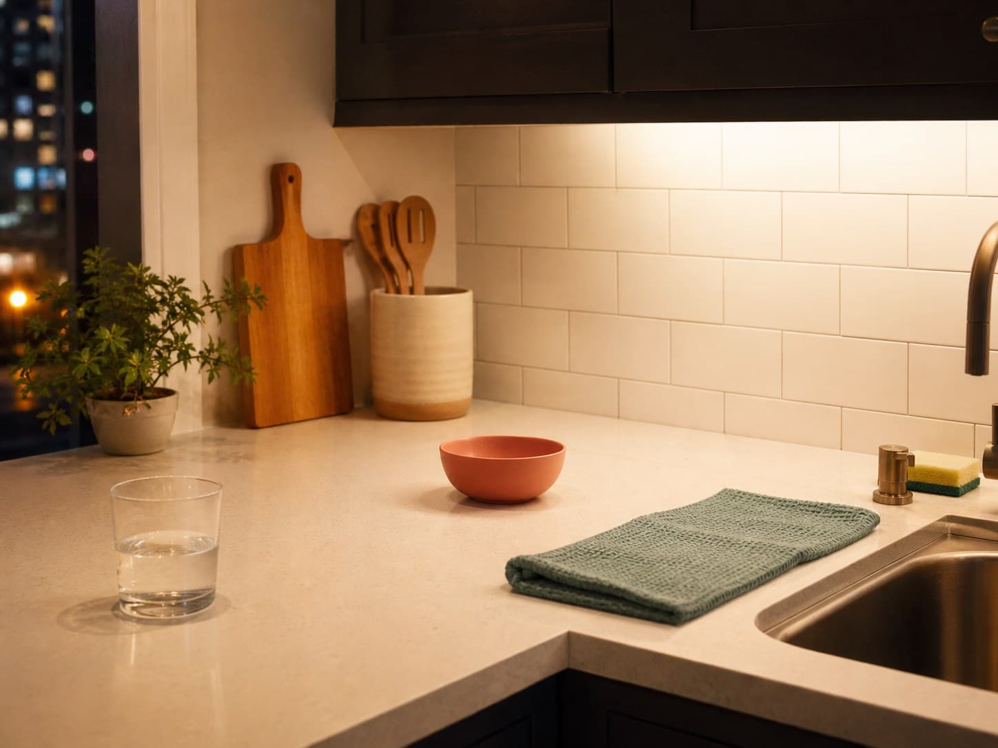 A cleared kitchen counter with a dish towel, glass, bowl, and warm evening light