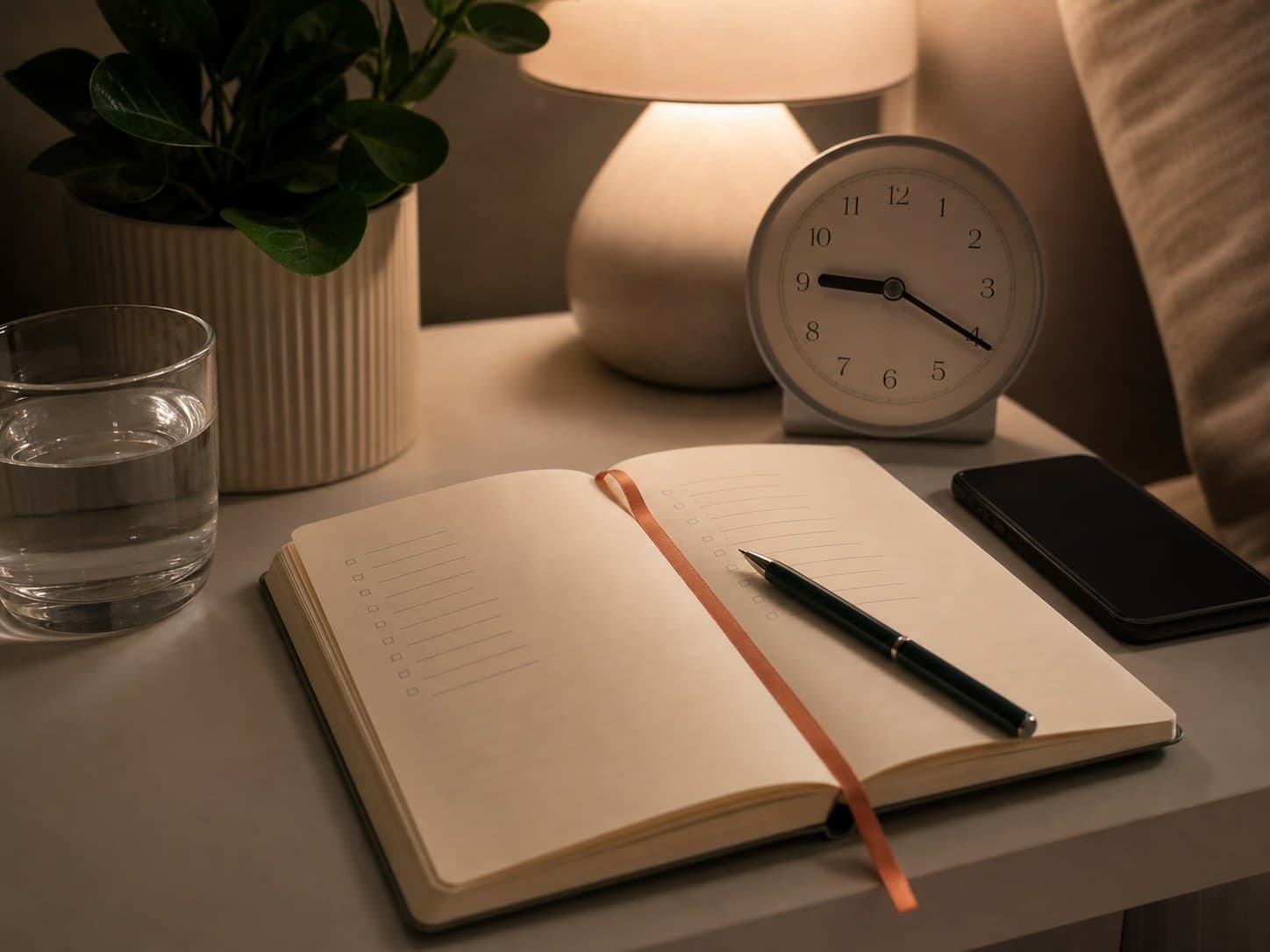A warm bedside notebook setup with clock, glass of water, pen, and phone face down