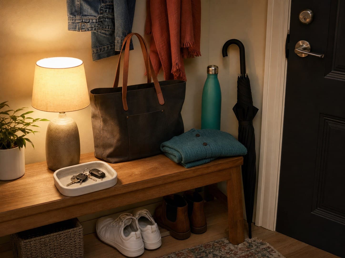 An entryway launch pad with keys, tote bag, water bottle, folded layer, umbrella, and shoes