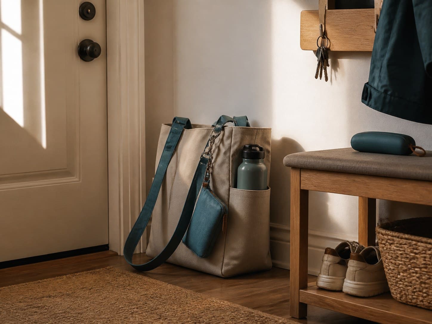 A ready-to-leave everyday bag near an apartment door with keys, water bottle, and pouch.
