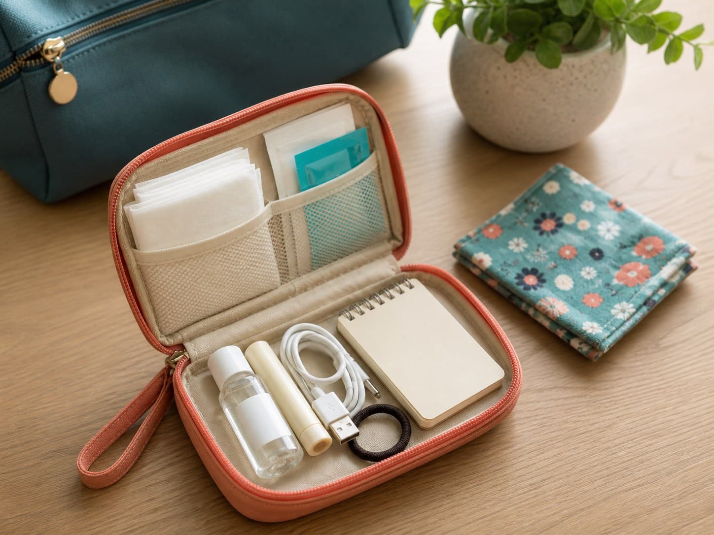 A small restock pouch with tissues, sanitizer, lip balm, cable, notebook, and small daily essentials.