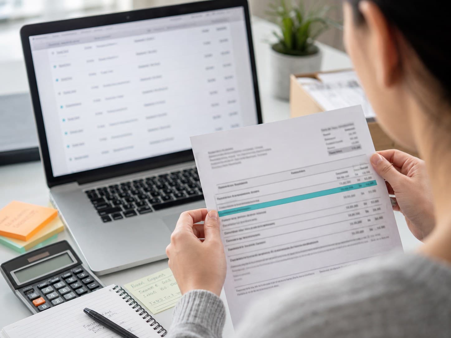 A person comparing a paper bill against a generic transaction list on a laptop
