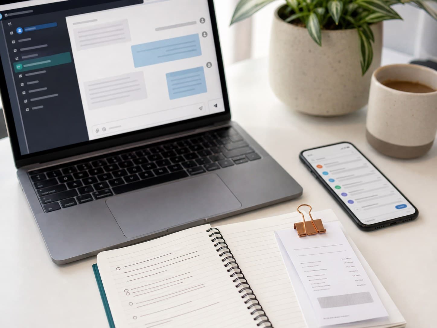 A laptop support chat, phone inbox, receipt, and notebook for refund tracking