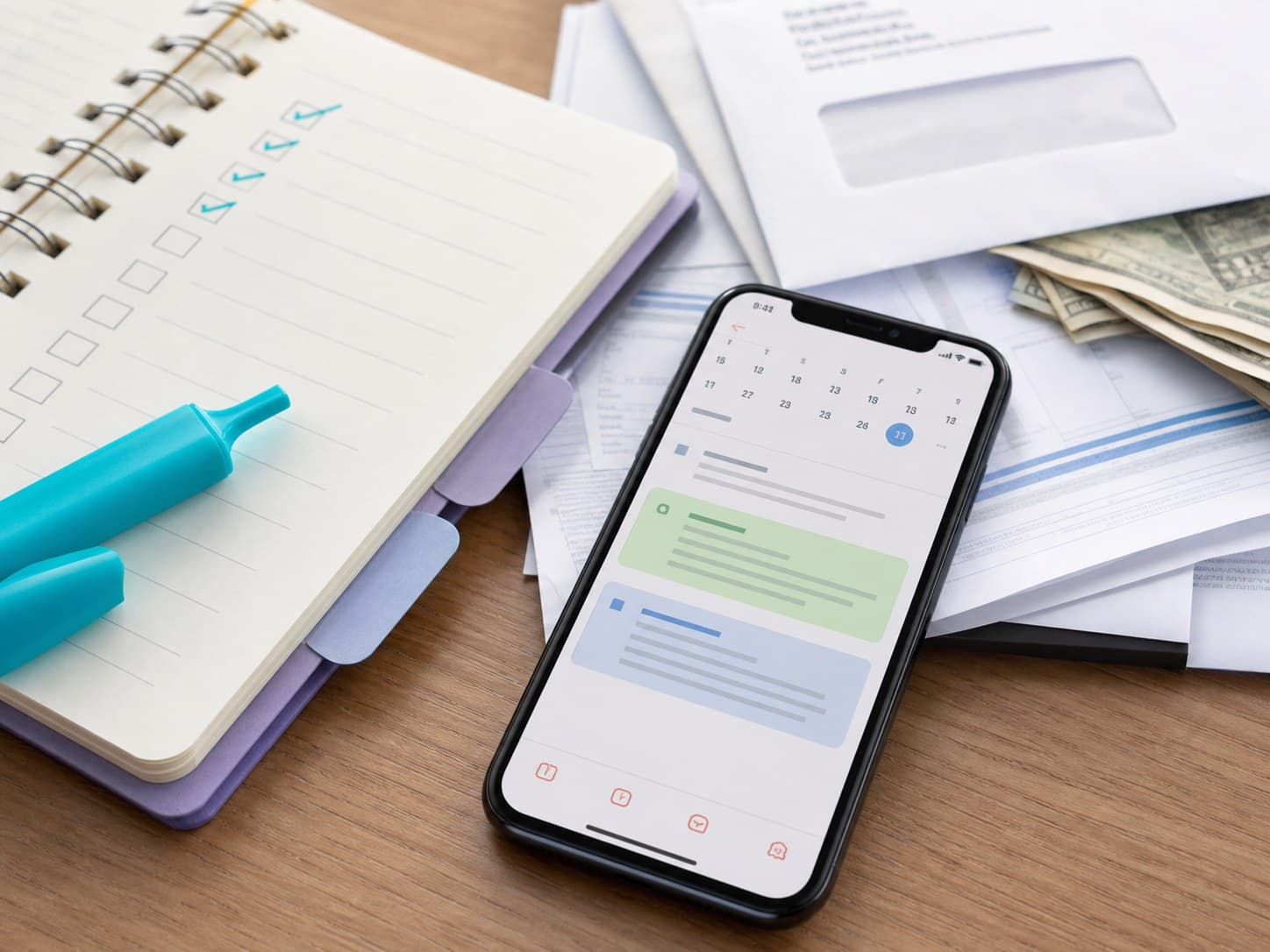 A phone calendar reminder beside a bill stack, notebook checklist, and highlighter