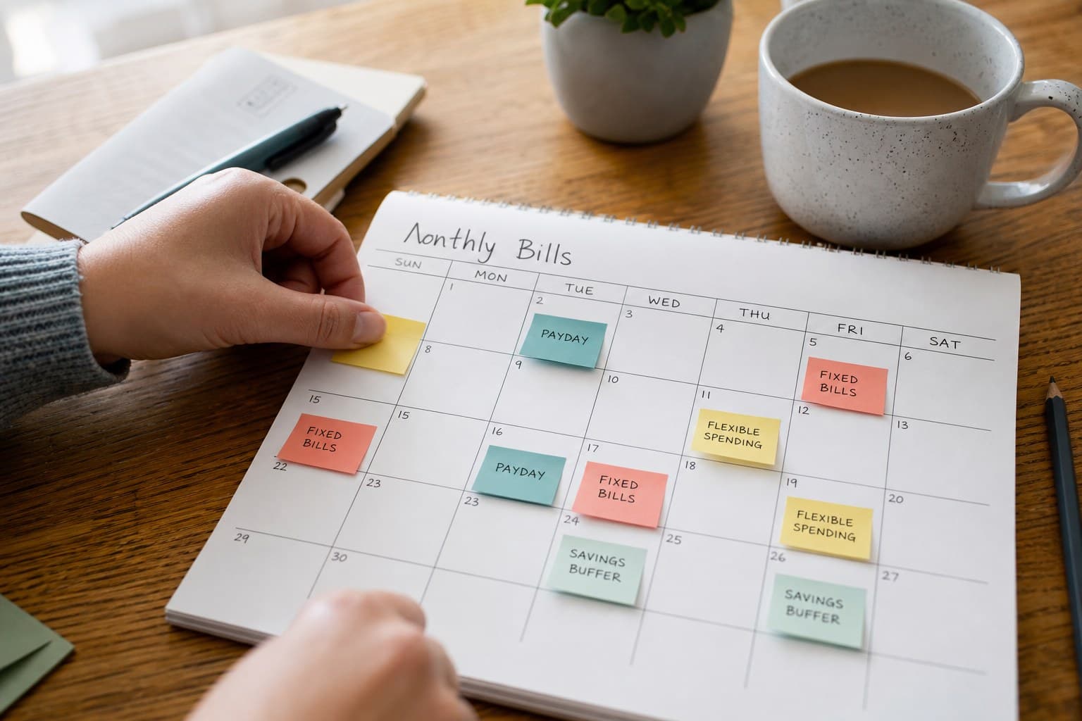 Hands placing sticky notes on a monthly bill calendar