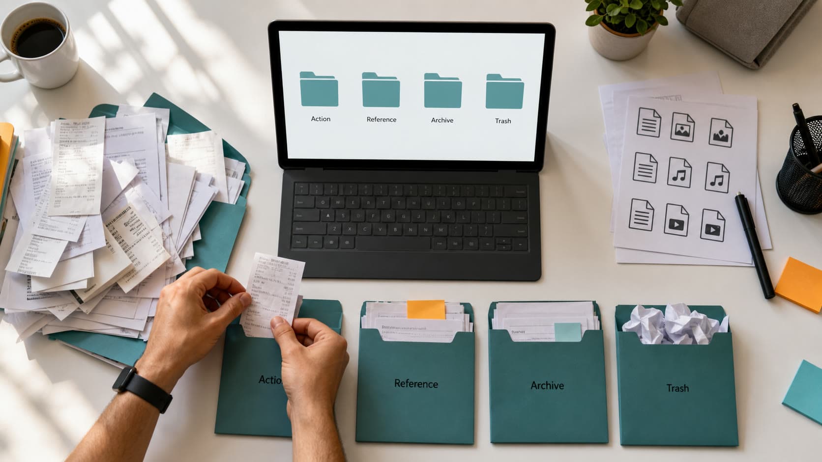 A downloads folder being sorted into Action, Reference, Archive, and Trash categories