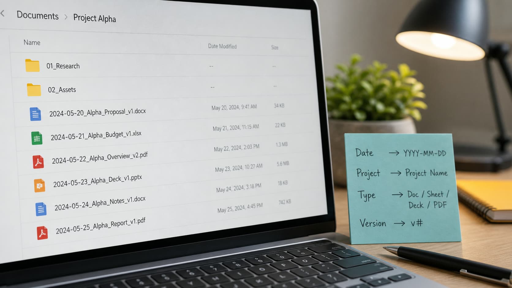 A laptop screen showing a simple date, project, type, and version naming formula