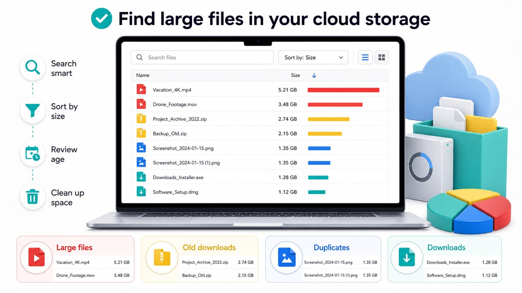 Large cloud files sorted by size