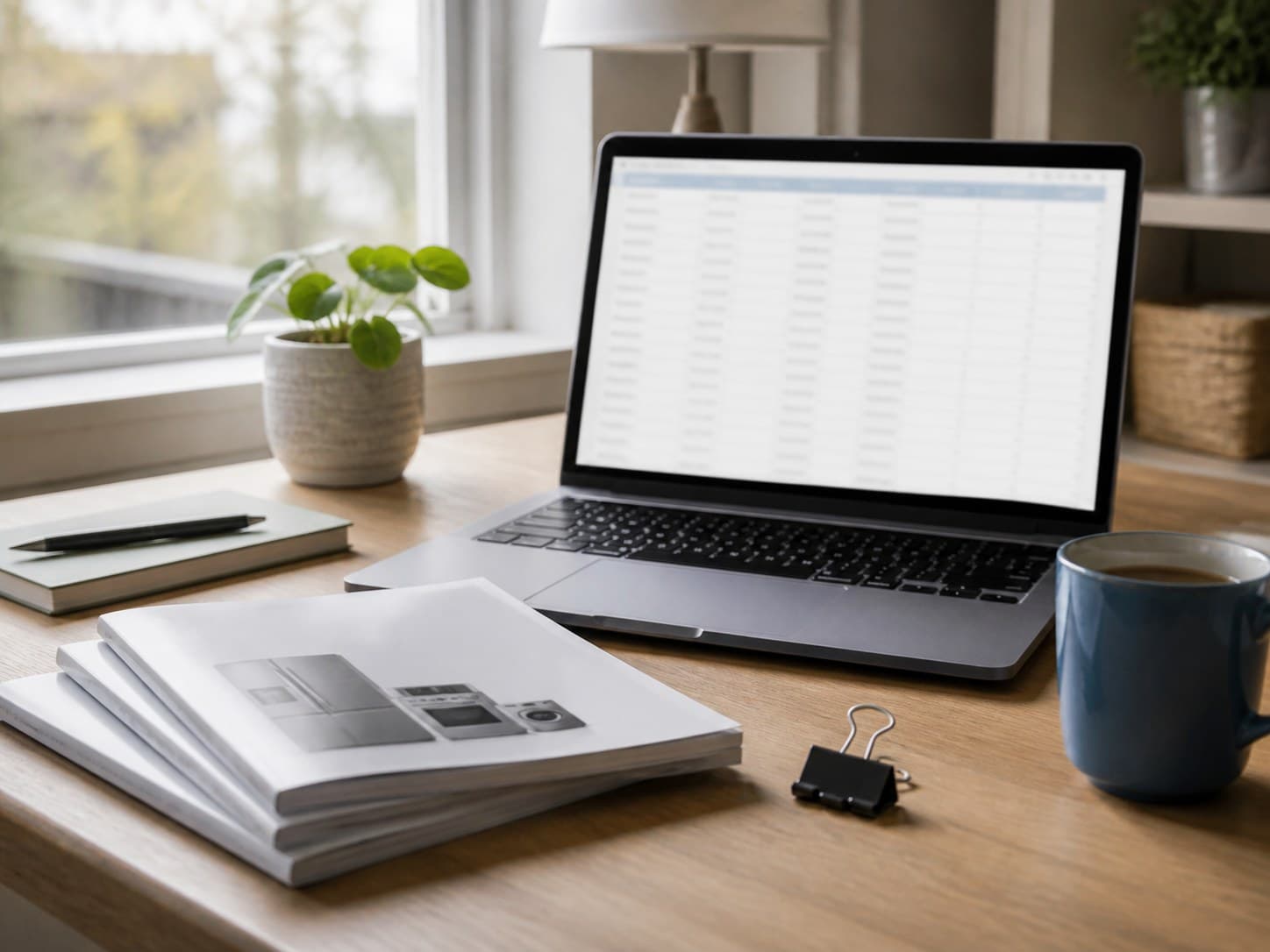 A tidy desk with a laptop showing a blurred grid, appliance manuals, and a binder clip.