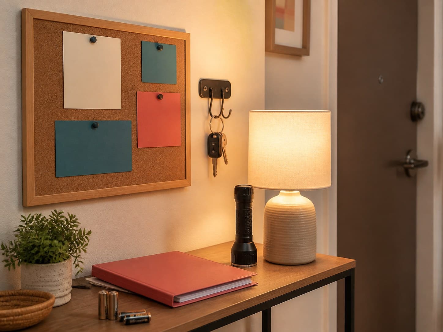 A compact entryway command area with blank cards, keys, a flashlight, batteries, and a closed folder.