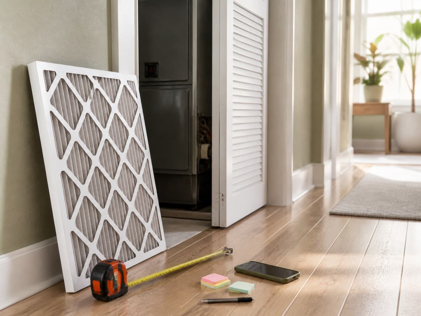 A hallway utility closet with an HVAC filter, measuring tape, phone, and small blank notes.