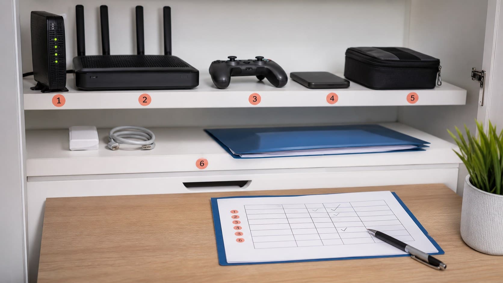 Finished home tech inventory shelf with labeled devices