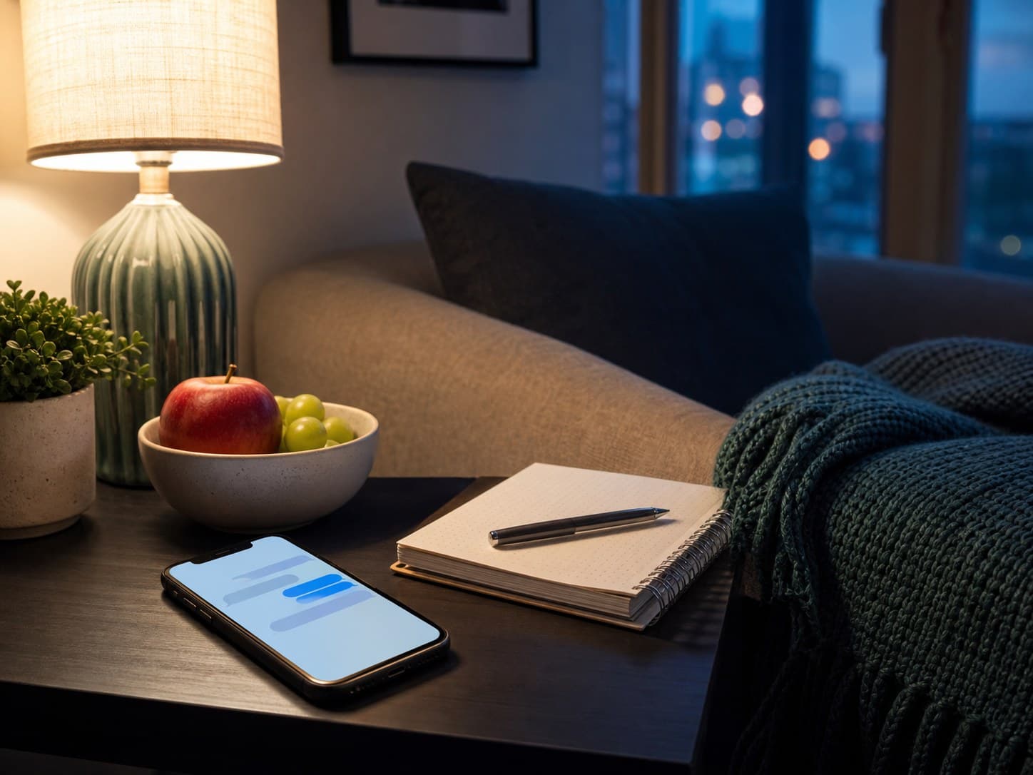 Phone on an evening side table with abstract chat bubbles