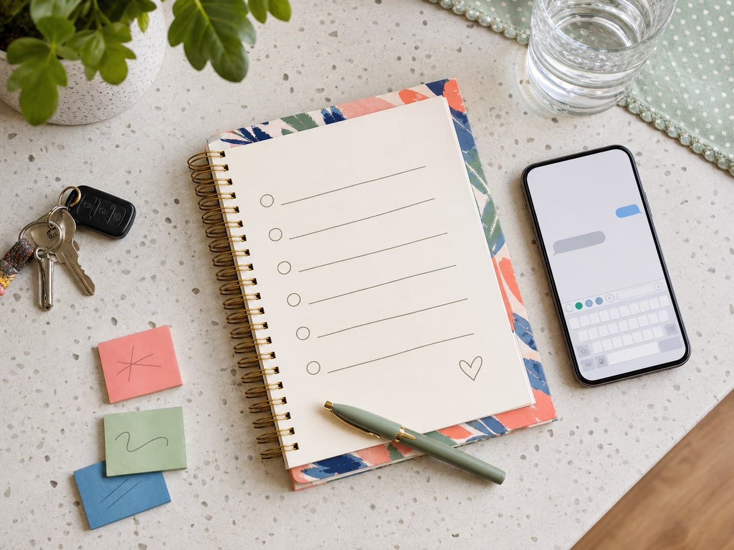 Notebook and phone arranged for simple friendship planning