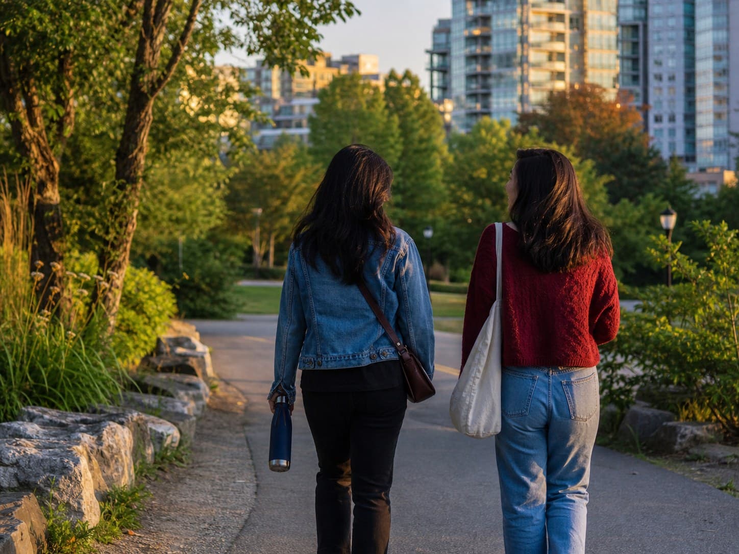 Two friends walking together in a city park