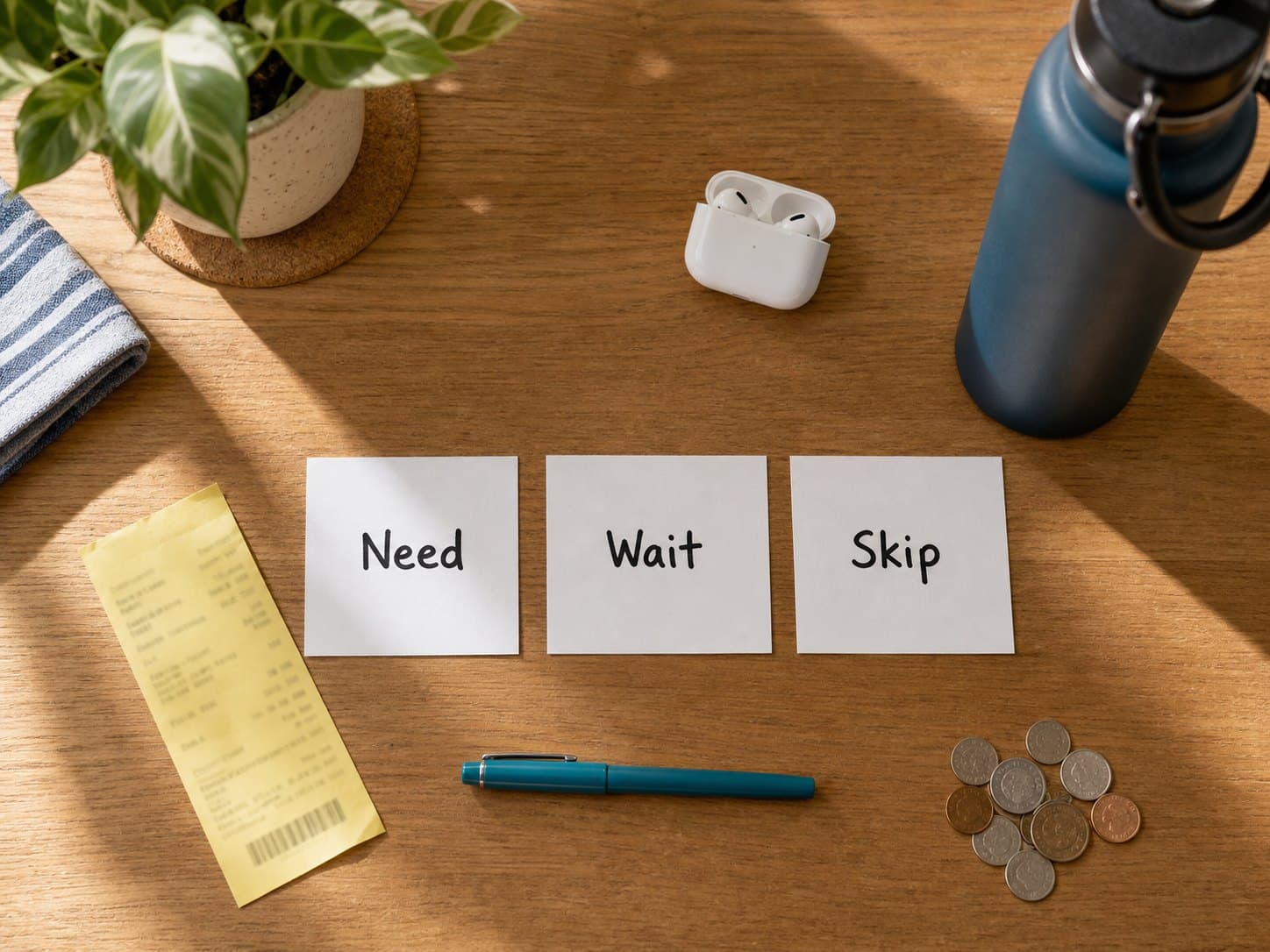 Need, Wait, and Skip cards on a table