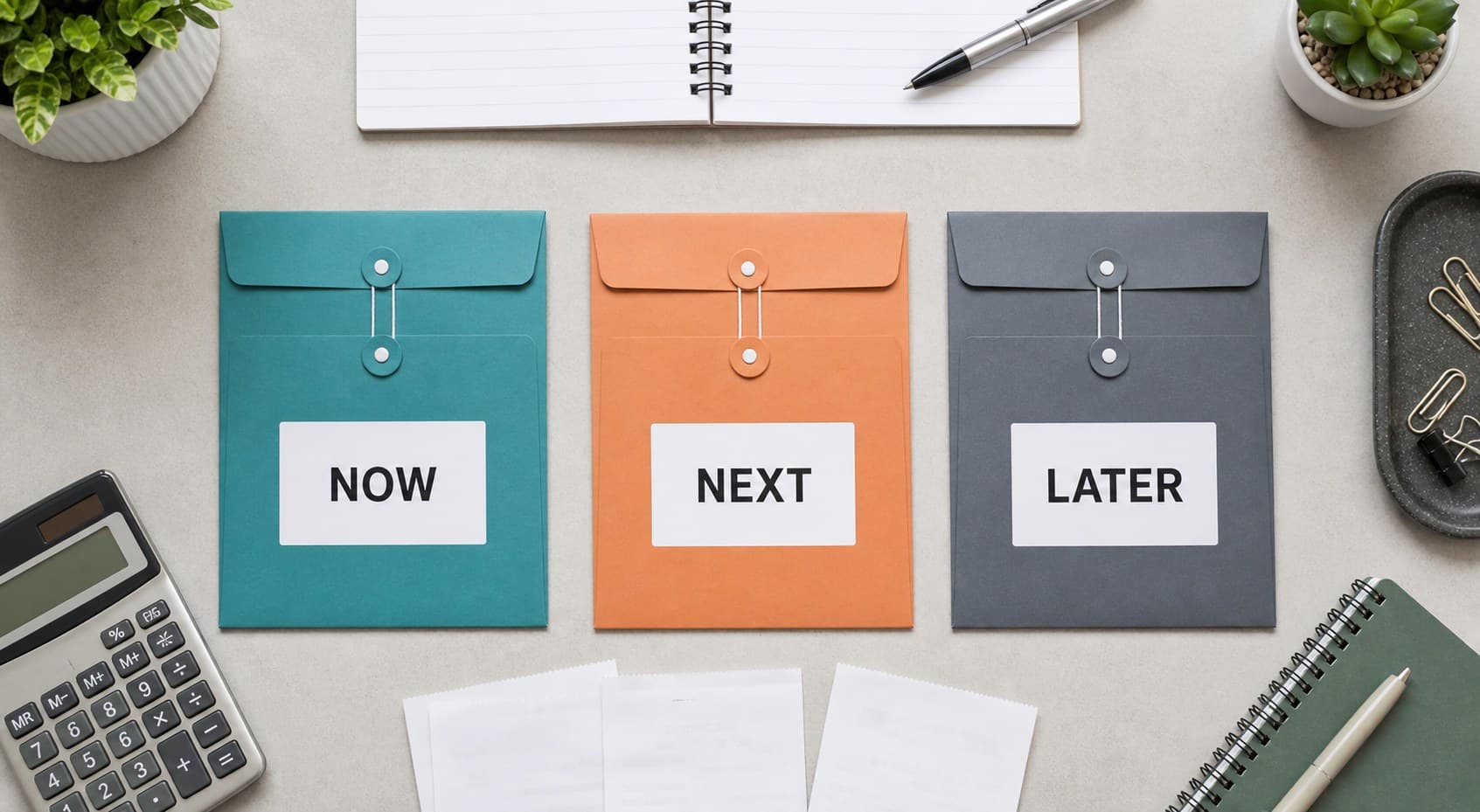 Three folders labeled NOW, NEXT, and LATER