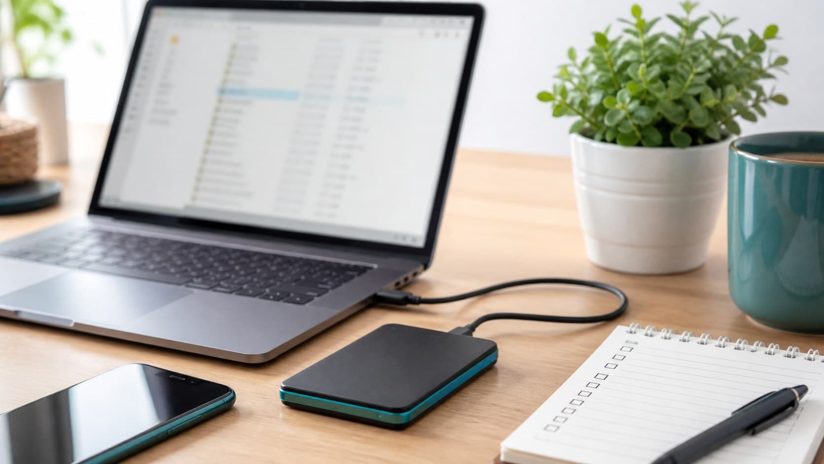 External drive connected to laptop for backup verification
