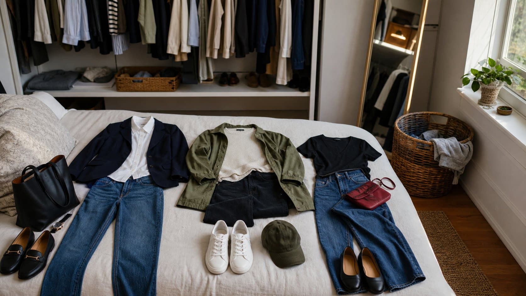 Three anchor outfits laid out on a bed beside an open closet