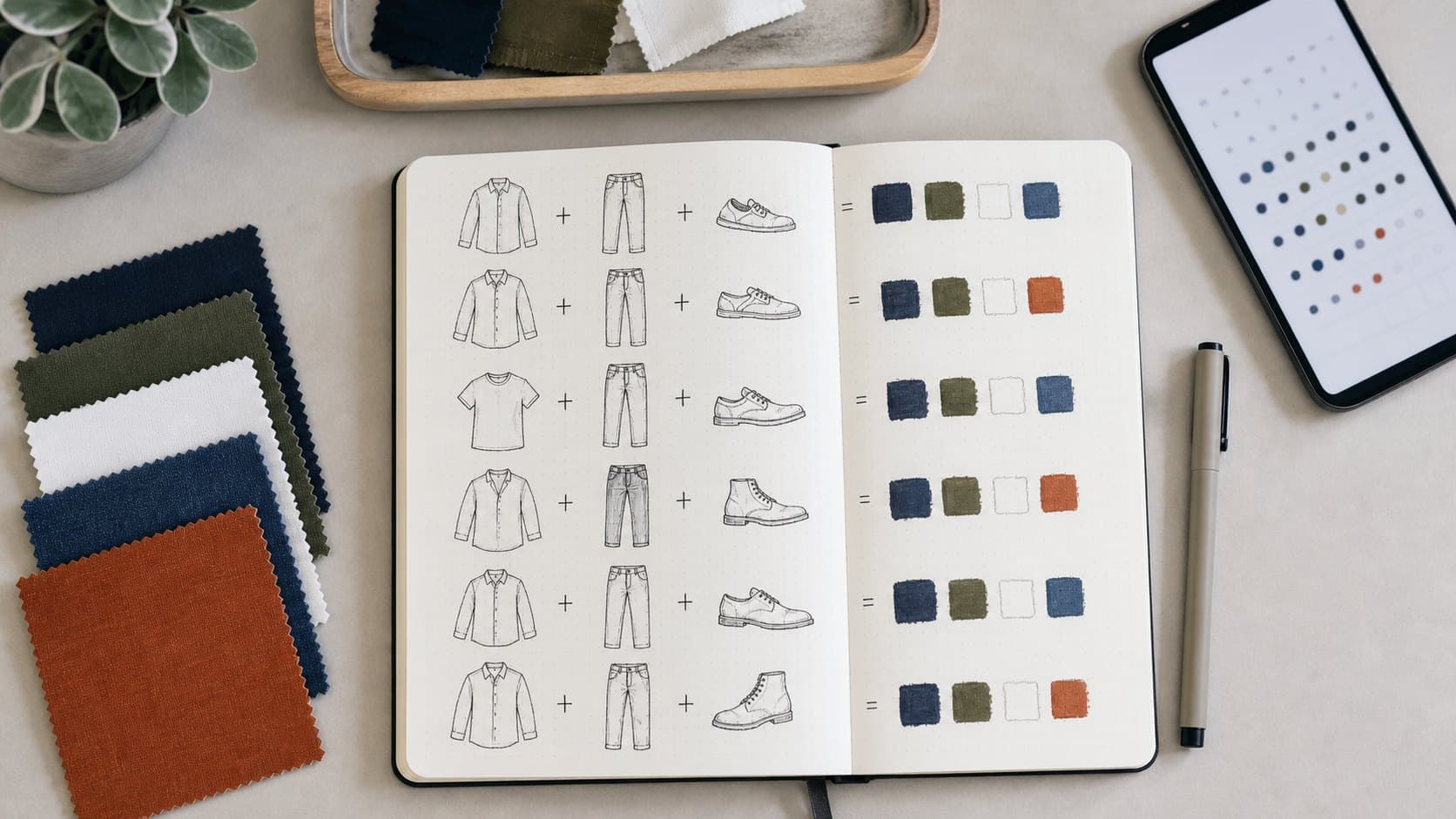 Notebook and color swatches used to plan outfit formulas