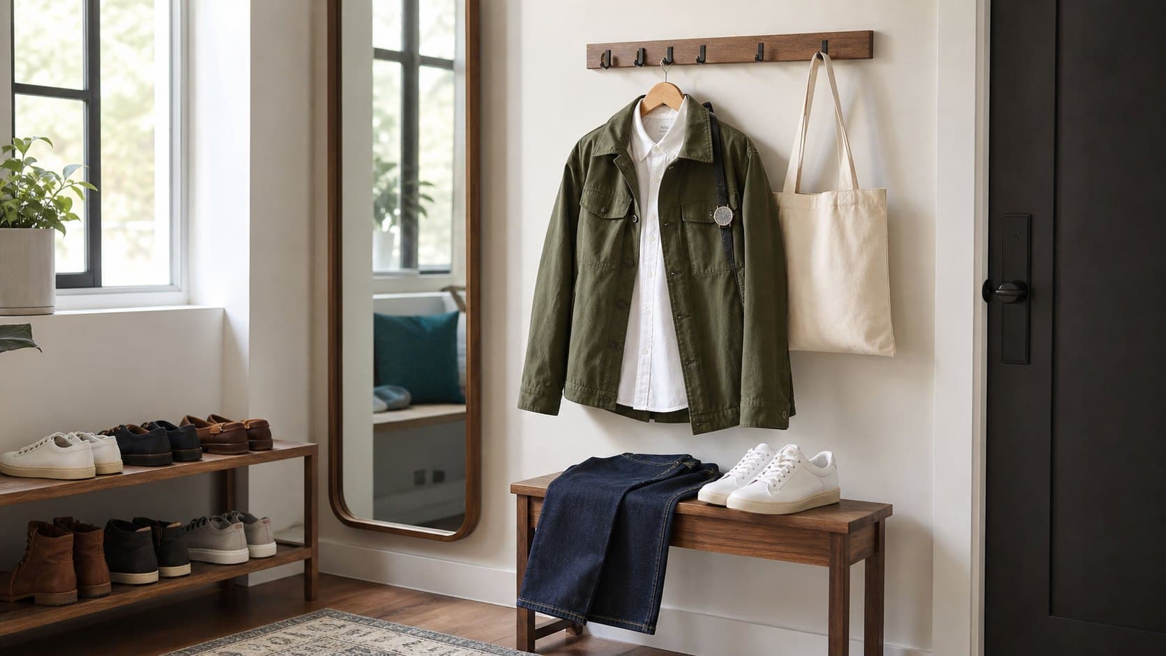 A complete outfit ready near an apartment entryway