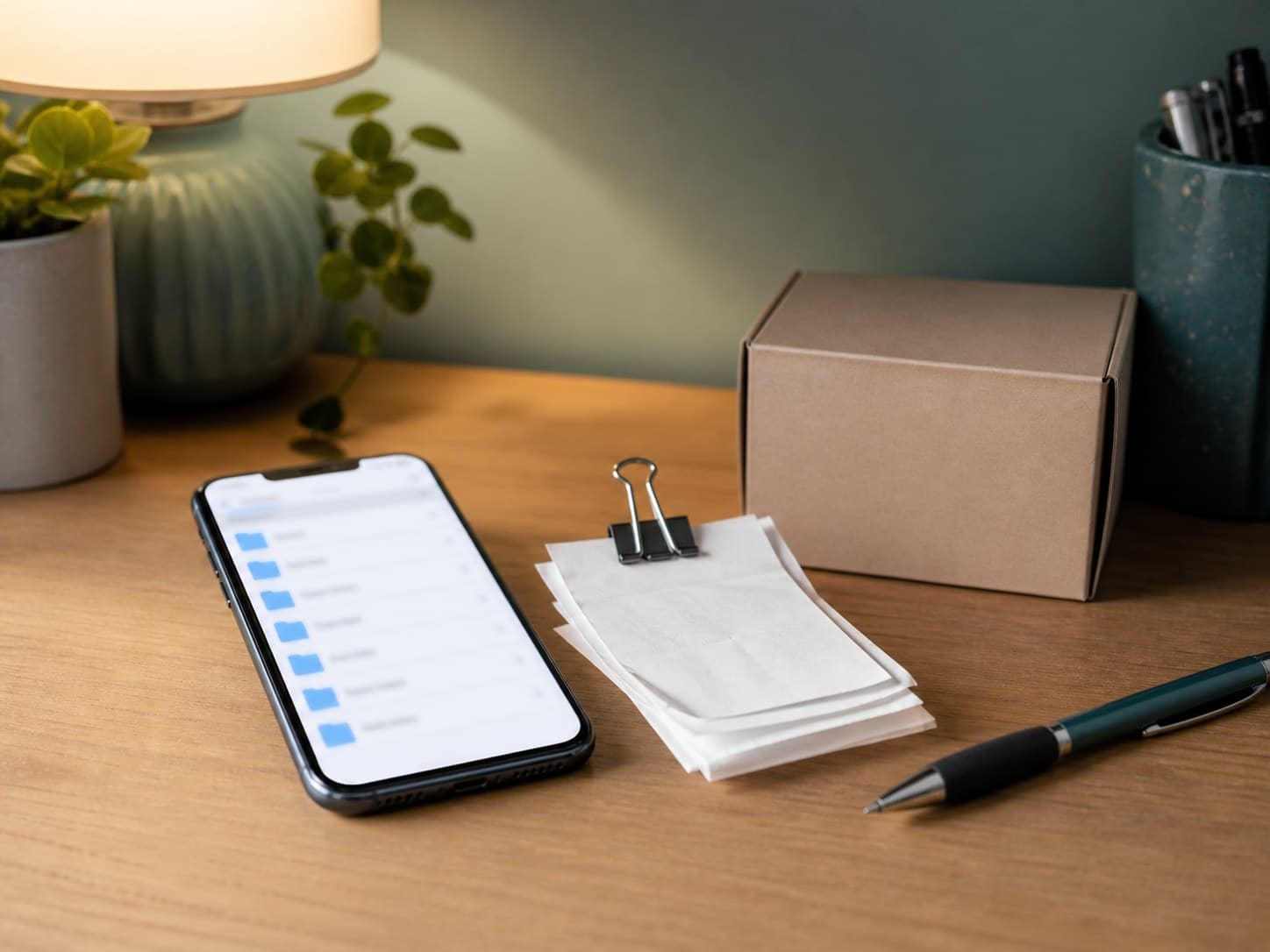 A phone with a blurred digital folder list beside clipped blank receipts, a small return box, and a pen.