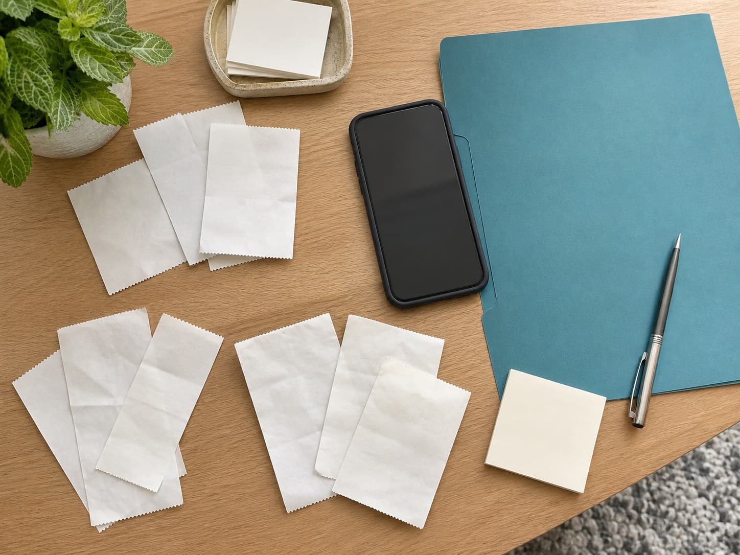 A top-down desk scene with blank receipt slips, a phone, teal folder, pen, and sticky notes.