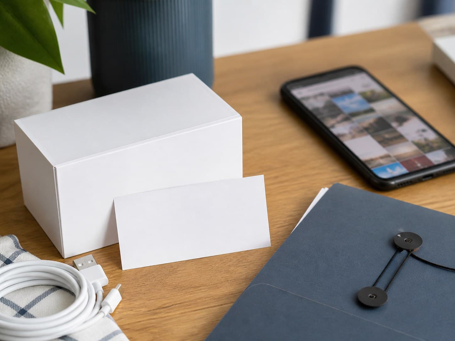 A blank electronics box, warranty card, phone gallery, cable, and folder arranged on a desk.