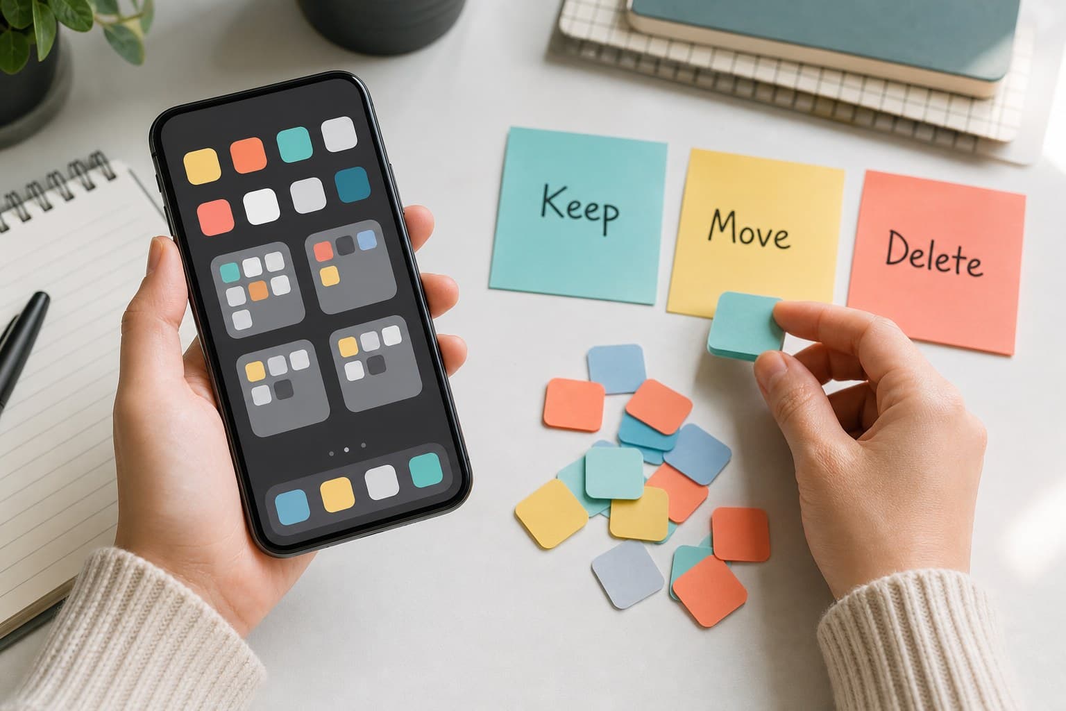 Hands sorting phone apps with Keep, Move, and Delete notes