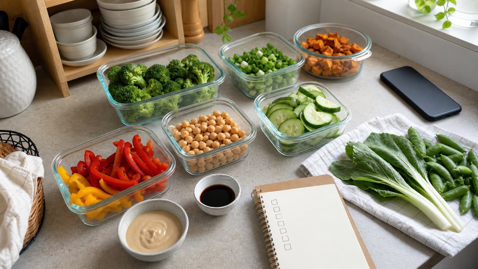 Prepped containers on a kitchen counter