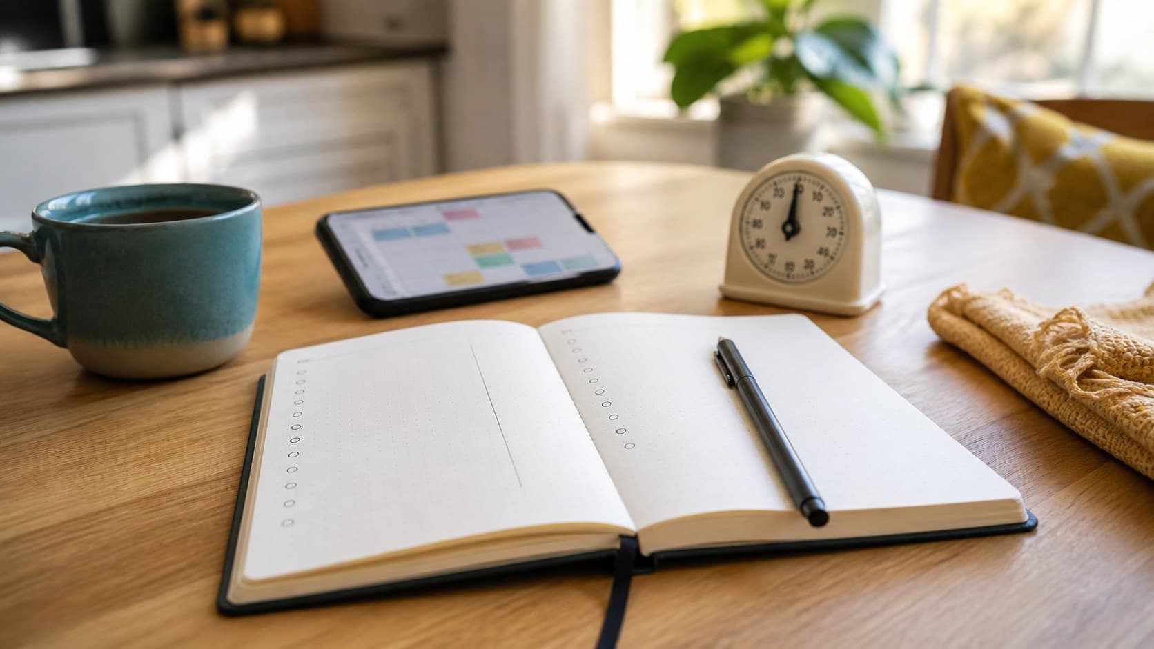 Weekly decision log review with notebook and timer